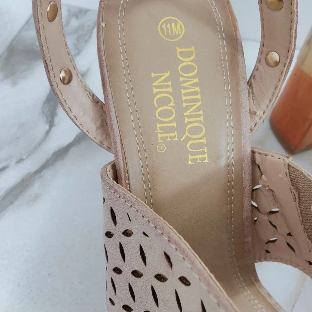 NWT Dominique Nicole Tyne Beige Gold Studded Block Heel Ankle Strap Sandals, 11